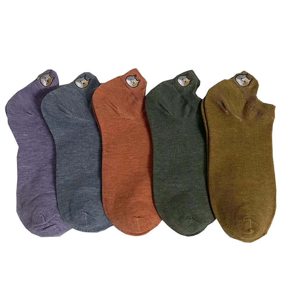 Cute Cat Embroidered Low-Cut Mesh Socks – 5 Pairs