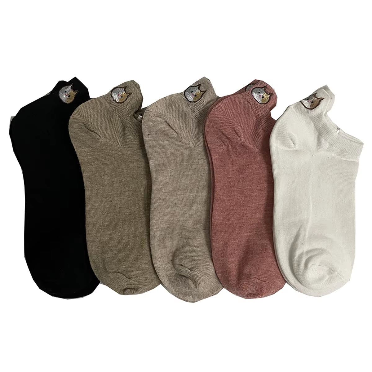 Cute Cat Embroidered Low-Cut Mesh Socks – 5 Pairs